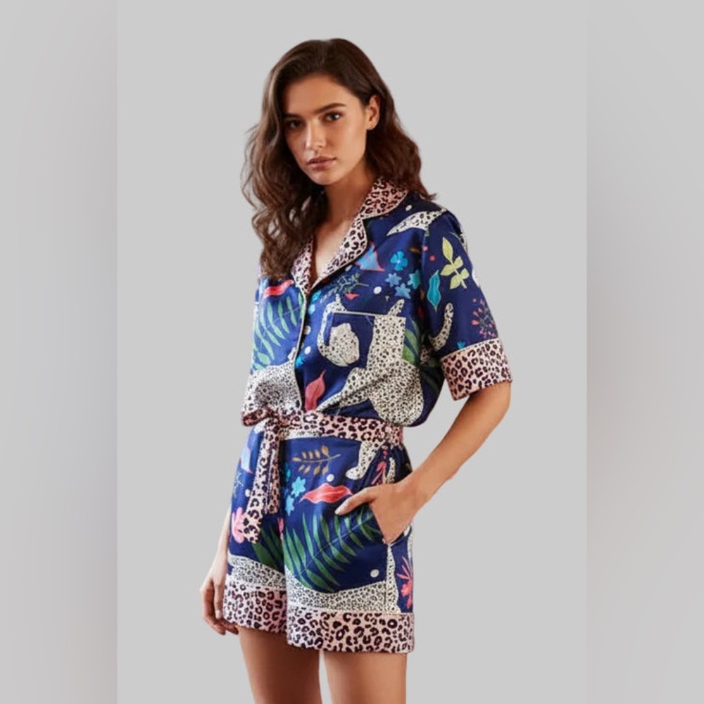 Blue Leopard Trim Two Piece Pajama Set